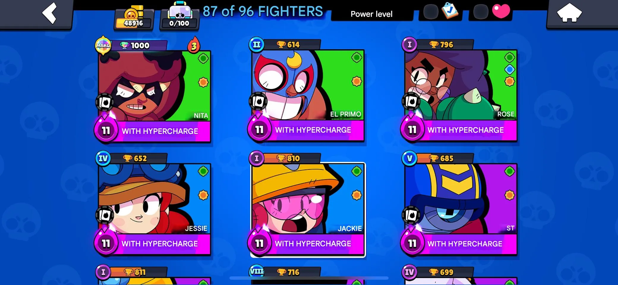 BS1911 48k Trophies 87 Brawlers 13 Hypercharges 17 Maxed incl Candy Cane Crow Winter Shelly Mutant Fang Lola Crow Kit Surge Gray 